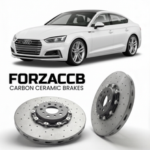 ForzaCCB direct OEM replacement carbon ceramic brake rotors for 2016 to 2024 Audi S5 Sportback F5 models, shown with a white Audi S5 Sportback car.