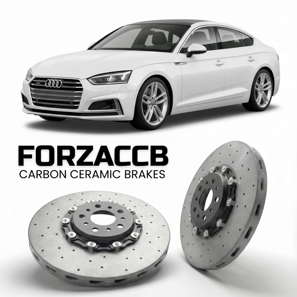 ForzaCCB direct OEM replacement carbon ceramic brake rotors for 2016 to 2024 Audi S5 Sportback F5 models, shown with a white Audi S5 Sportback car.