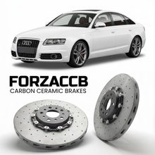 ForzaCCB direct OEM replacement carbon ceramic brake rotors for 2006 to 2011 Audi S6 C6 models, shown with a white Audi S6 car.