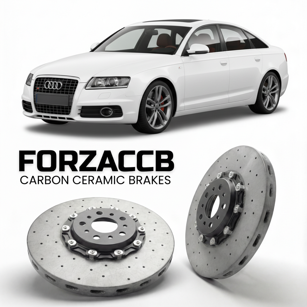 ForzaCCB direct OEM replacement carbon ceramic brake rotors for 2006 to 2011 Audi S6 C6 models, shown with a white Audi S6 car.