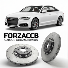ForzaCCB direct OEM replacement carbon ceramic brake rotors for 2012 to 2018 Audi S6 C7 models, shown with a white Audi S6 car.