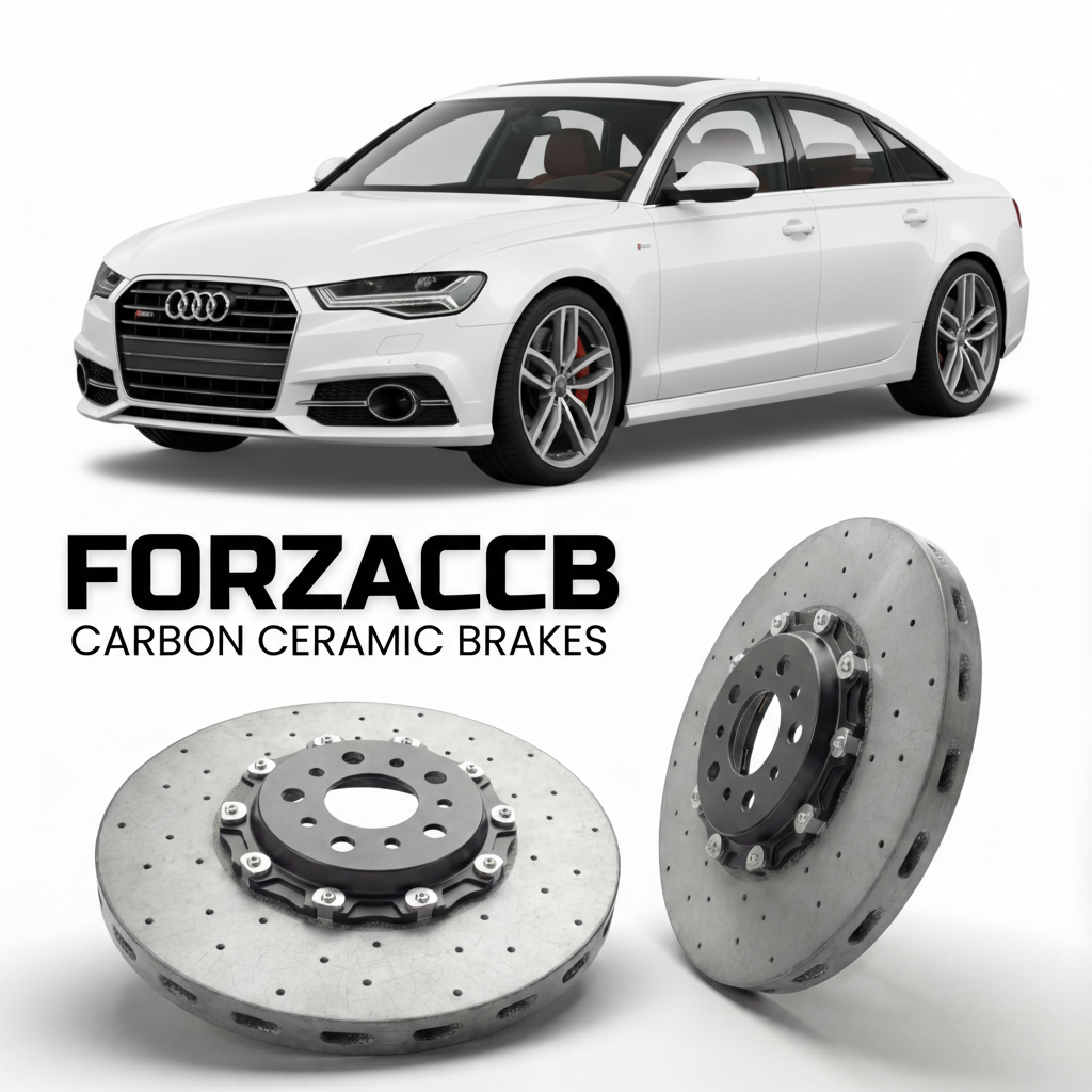 ForzaCCB direct OEM replacement carbon ceramic brake rotors for 2012 to 2018 Audi S6 C7 models, shown with a white Audi S6 car.