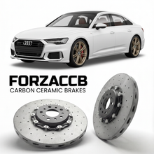 ForzaCCB direct OEM replacement carbon ceramic brake rotors for 2019 and newer Audi S6 C8 models, shown with a white Audi S6 car.