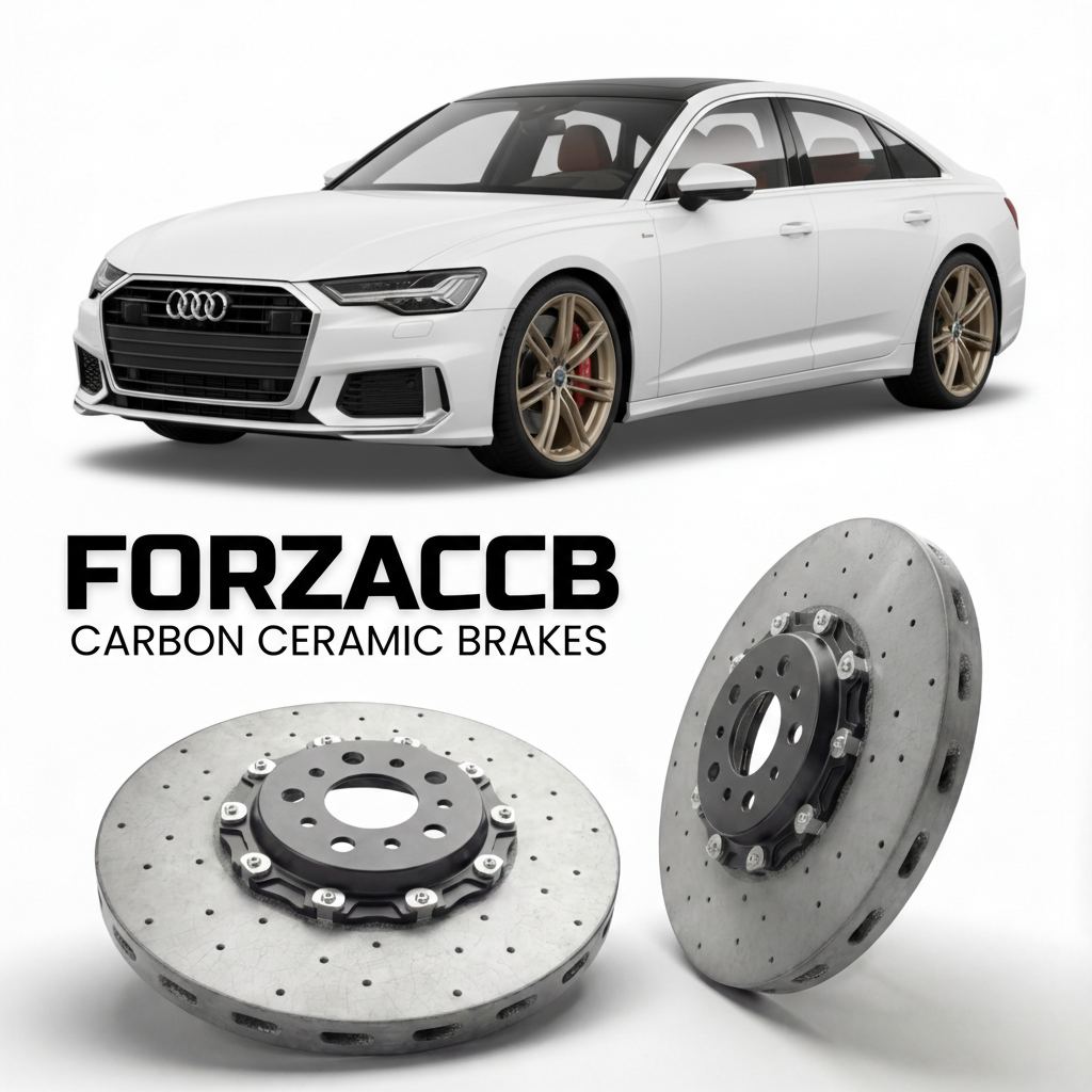 ForzaCCB direct OEM replacement carbon ceramic brake rotors for 2019 and newer Audi S6 C8 models, shown with a white Audi S6 car.