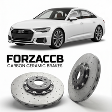 ForzaCCB direct OEM replacement carbon ceramic brake rotors for 2024 and newer Audi S6 e-tron F2 models, shown with a white Audi S6 e-tron car.