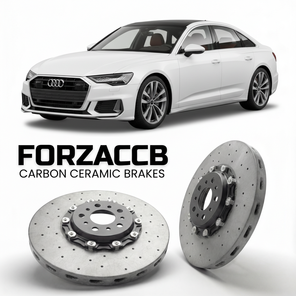 ForzaCCB direct OEM replacement carbon ceramic brake rotors for 2024 and newer Audi S6 e-tron F2 models, shown with a white Audi S6 e-tron car.