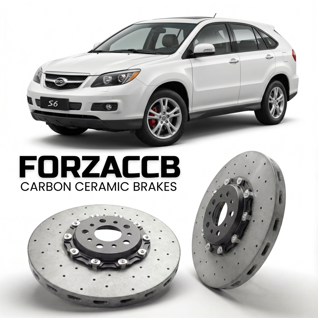 ForzaCCB direct OEM replacement carbon ceramic brake rotors for 2011 to 2016 BYD S6/S7 models, shown with a white BYD S6/S7 car.