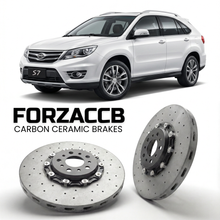 ForzaCCB direct OEM replacement carbon ceramic brake rotors for 2014 to 2018 BYD S6/S7 BYD S7 models, shown with a white BYD S6/S7 car.