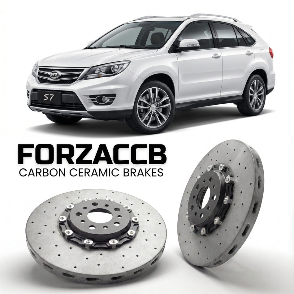 ForzaCCB direct OEM replacement carbon ceramic brake rotors for 2014 to 2018 BYD S6/S7 BYD S7 models, shown with a white BYD S6/S7 car.
