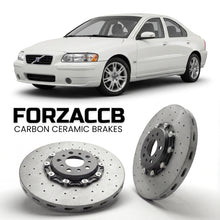 ForzaCCB direct OEM replacement carbon ceramic brake rotors for 2005 to 2009 Volvo S60 models, shown with a white Volvo S60 car.