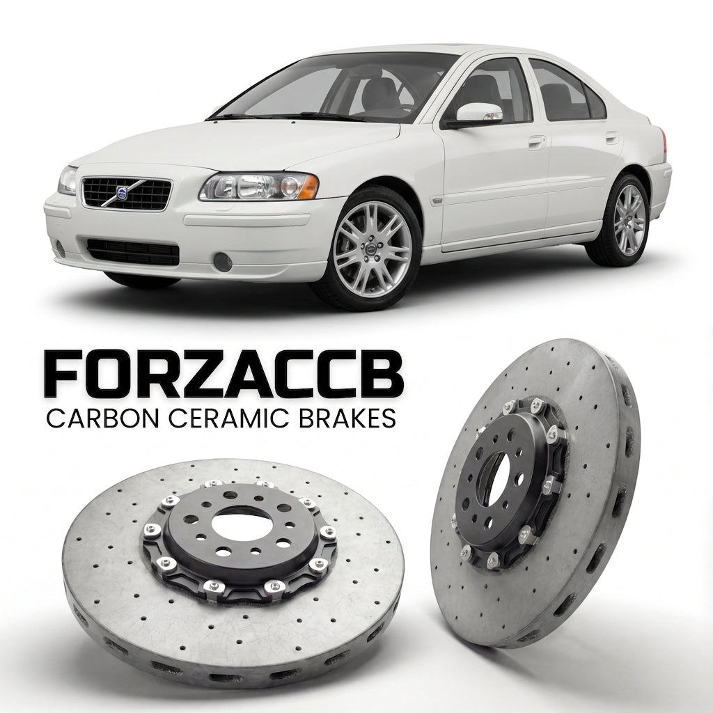 ForzaCCB direct OEM replacement carbon ceramic brake rotors for 2005 to 2009 Volvo S60 models, shown with a white Volvo S60 car.