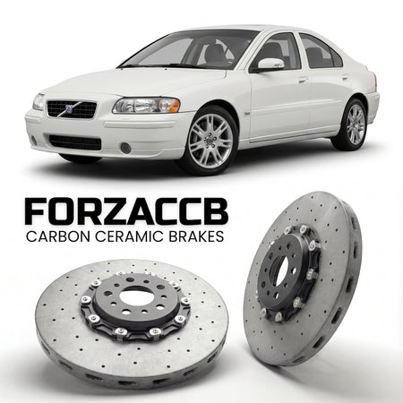 ForzaCCB direct OEM replacement carbon ceramic brake rotors for 2005 to 2009 Volvo S60 models, shown with a white Volvo S60 car.