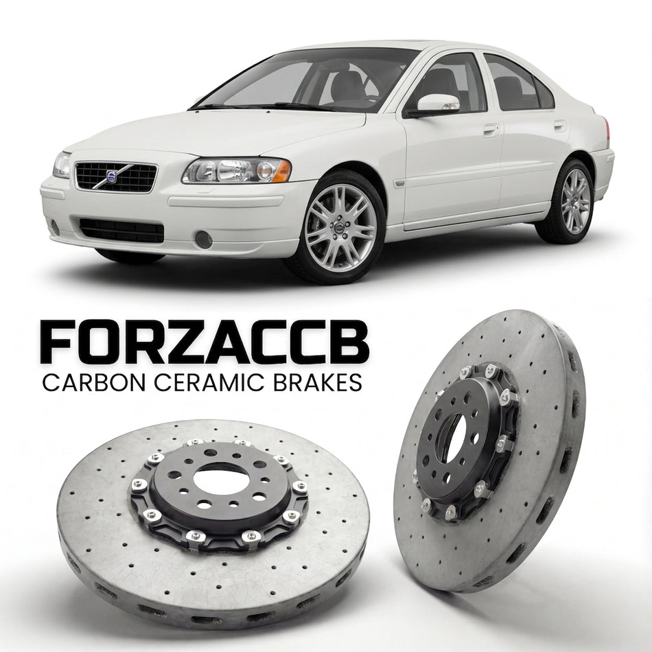 ForzaCCB direct OEM replacement carbon ceramic brake rotors for 2005 to 2009 Volvo S60 models, shown with a white Volvo S60 car.