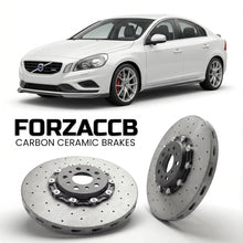 ForzaCCB direct OEM replacement carbon ceramic brake rotors for 2010 to 2013 Volvo S60 II models, shown with a white Volvo S60 car.