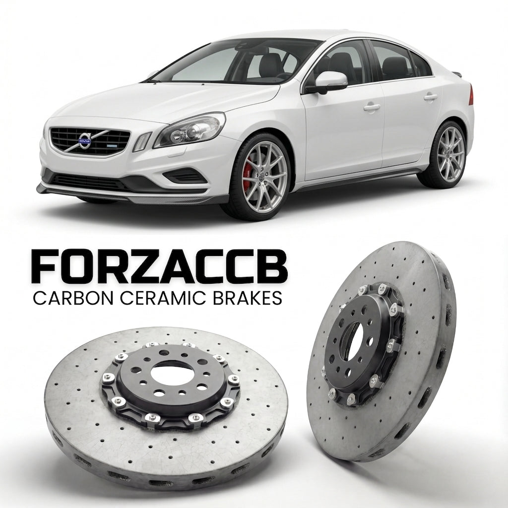 ForzaCCB direct OEM replacement carbon ceramic brake rotors for 2010 to 2013 Volvo S60 II models, shown with a white Volvo S60 car.