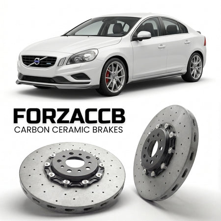 ForzaCCB direct OEM replacement carbon ceramic brake rotors for 2010 to 2013 Volvo S60 II models, shown with a white Volvo S60 car.