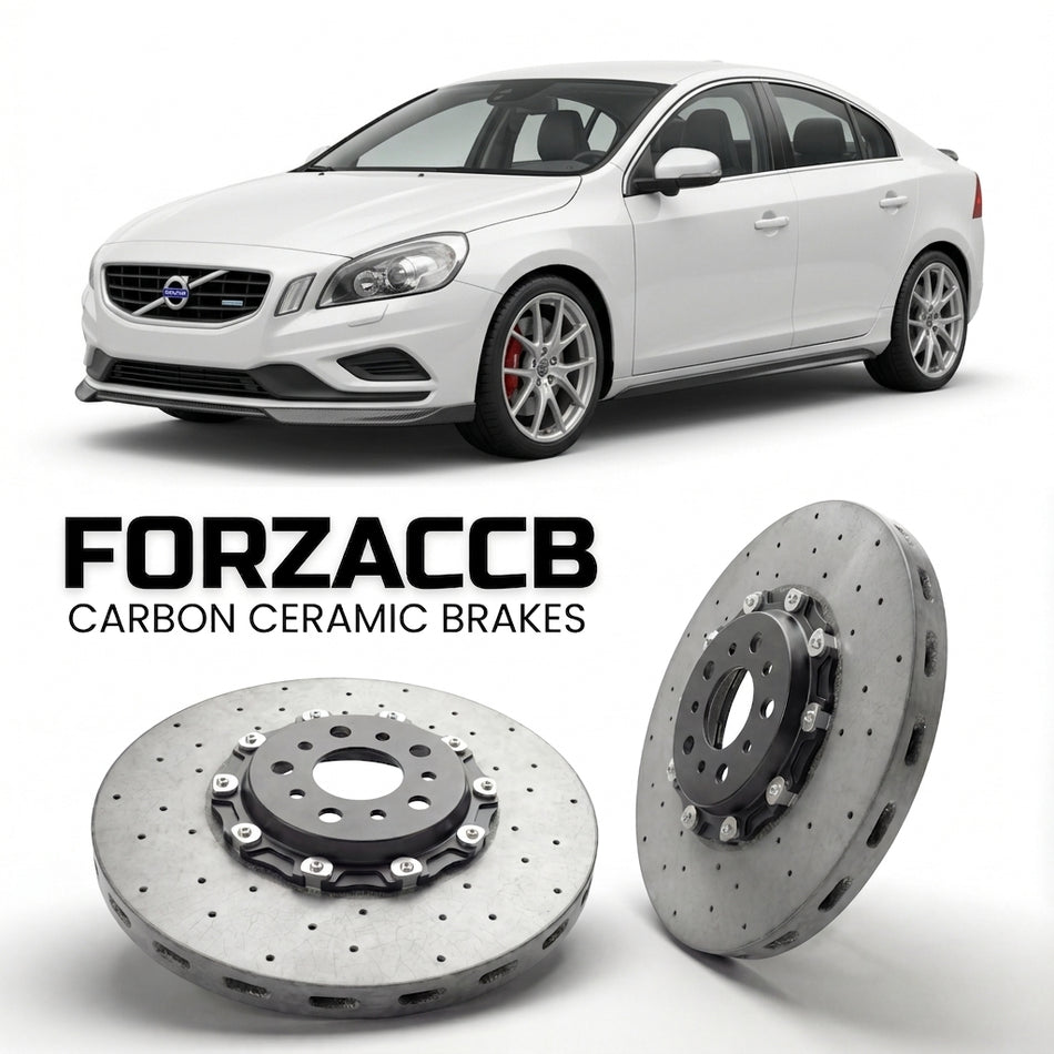 ForzaCCB direct OEM replacement carbon ceramic brake rotors for 2010 to 2013 Volvo S60 II models, shown with a white Volvo S60 car.