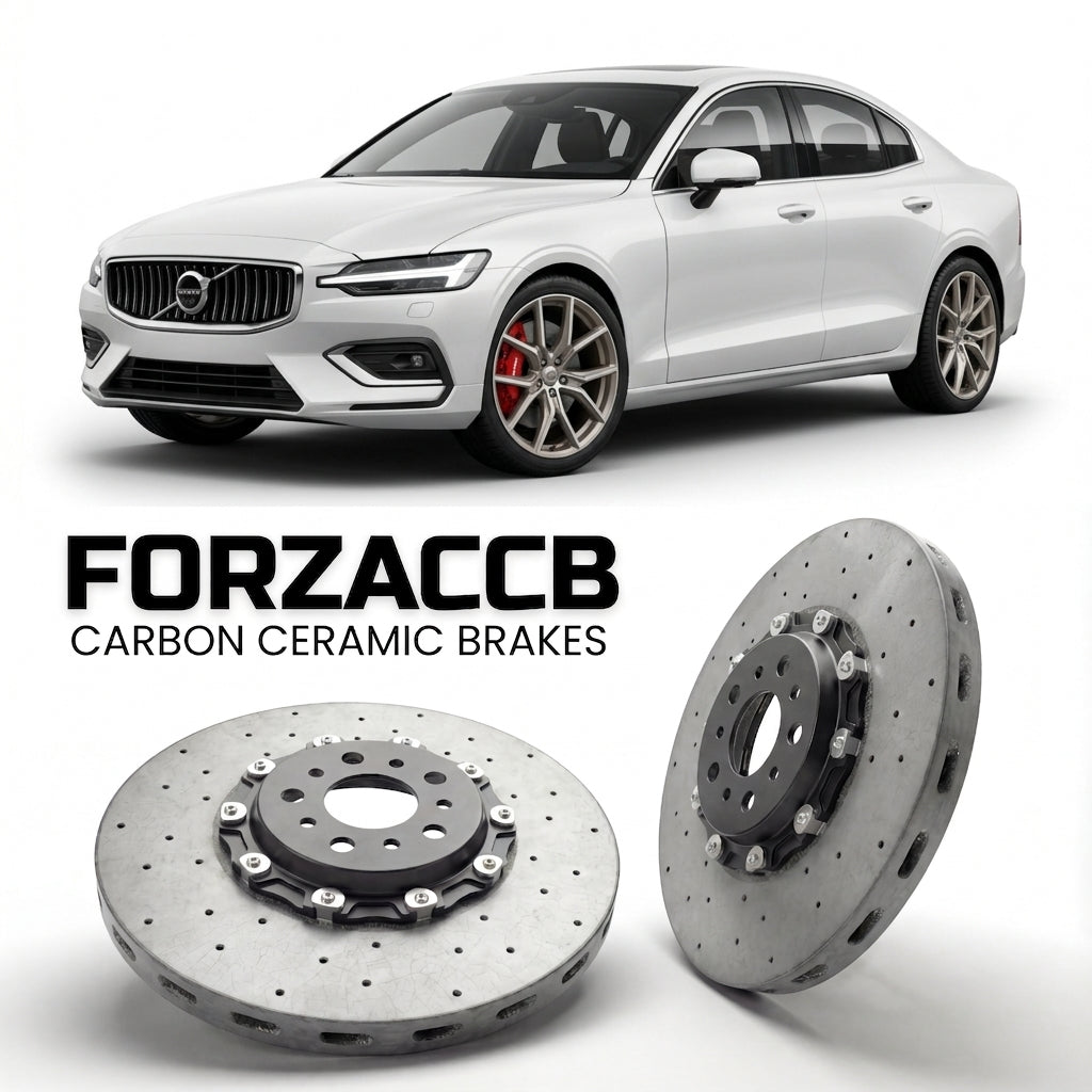 ForzaCCB direct OEM replacement carbon ceramic brake rotors for 2013-2018) Volvo S60 II (facelift 2013 models, shown with a white Volvo S60 car.