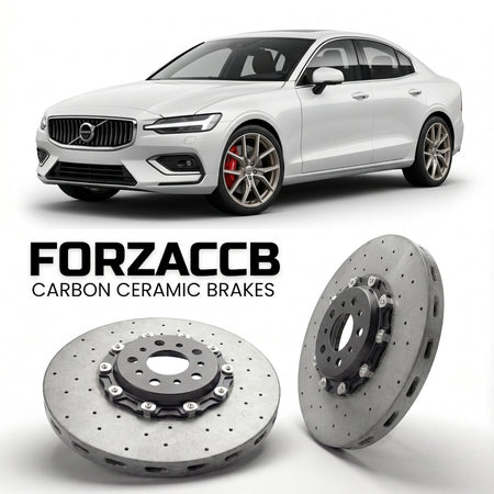 ForzaCCB direct OEM replacement carbon ceramic brake rotors for 2013-2018) Volvo S60 II (facelift 2013 models, shown with a white Volvo S60 car.