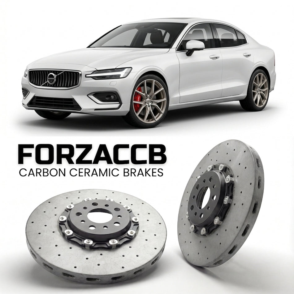 ForzaCCB direct OEM replacement carbon ceramic brake rotors for 2013-2018) Volvo S60 II (facelift 2013 models, shown with a white Volvo S60 car.