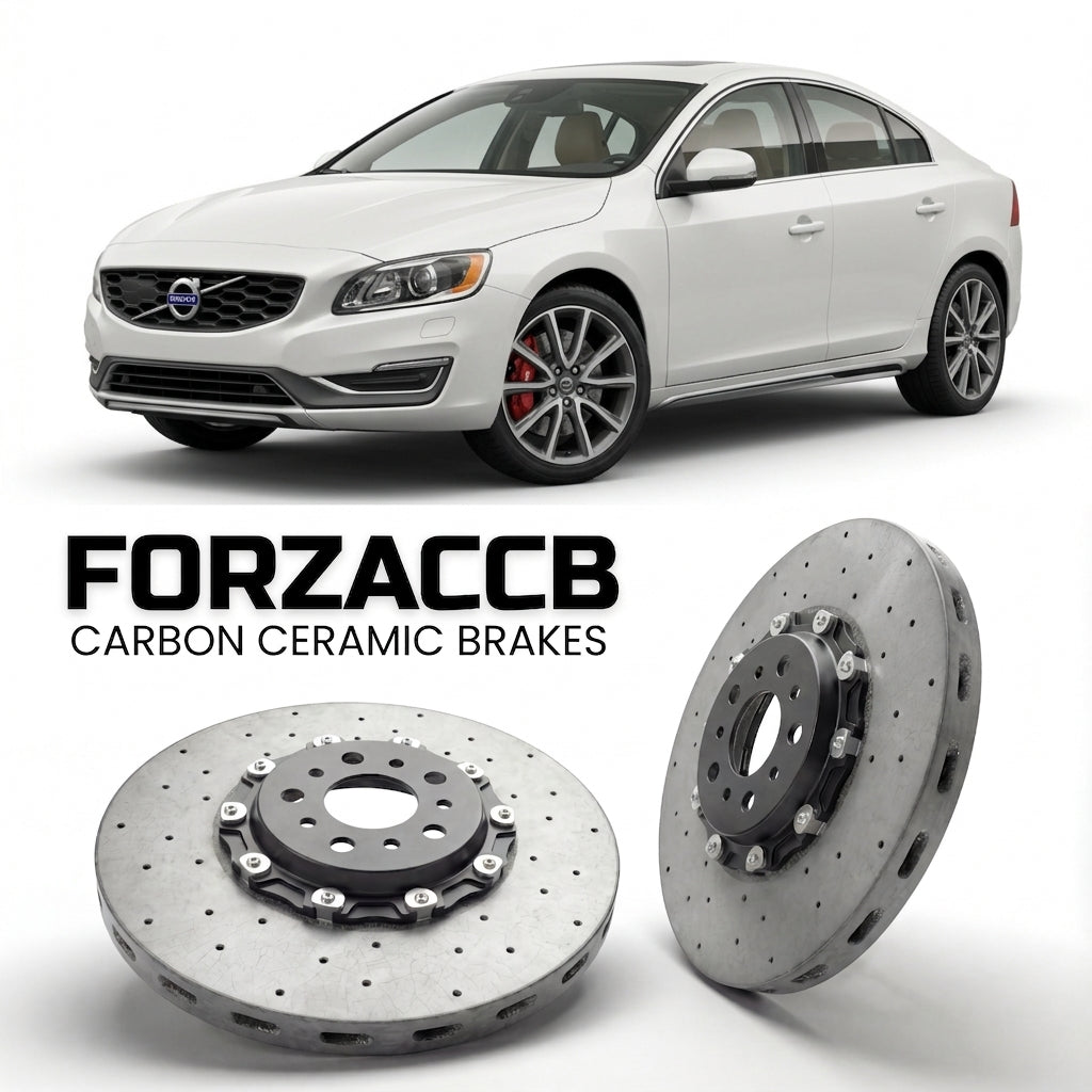 ForzaCCB direct OEM replacement carbon ceramic brake rotors for 2015 to 2018 Volvo S60 II Cross Country models, shown with a white Volvo S60 car.