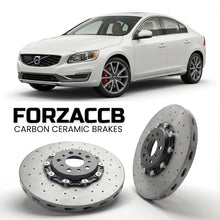 ForzaCCB direct OEM replacement carbon ceramic brake rotors for 2015 to 2018 Volvo S60 II Cross Country models, shown with a white Volvo S60 car.