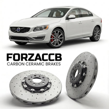 ForzaCCB direct OEM replacement carbon ceramic brake rotors for 2015 to 2018 Volvo S60 II Cross Country models, shown with a white Volvo S60 car.