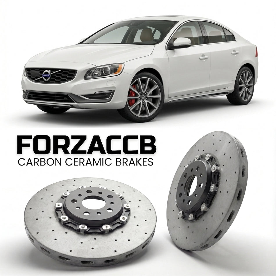 ForzaCCB direct OEM replacement carbon ceramic brake rotors for 2015 to 2018 Volvo S60 II Cross Country models, shown with a white Volvo S60 car.