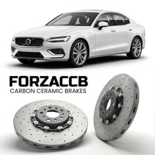 ForzaCCB direct OEM replacement carbon ceramic brake rotors for 2018 and newer Volvo S60 III models, shown with a white Volvo S60 car.