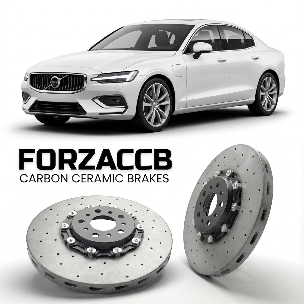 ForzaCCB direct OEM replacement carbon ceramic brake rotors for 2018 and newer Volvo S60 III models, shown with a white Volvo S60 car.