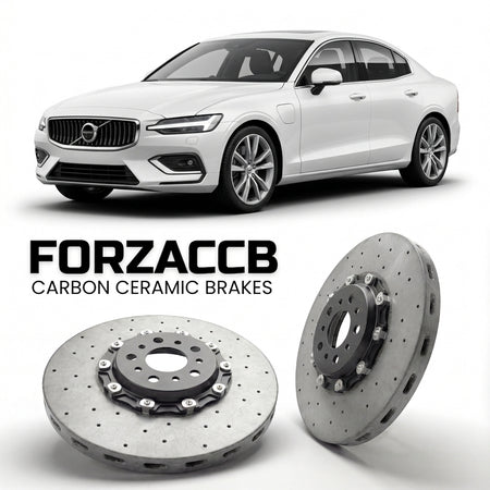 ForzaCCB direct OEM replacement carbon ceramic brake rotors for 2018 and newer Volvo S60 III models, shown with a white Volvo S60 car.