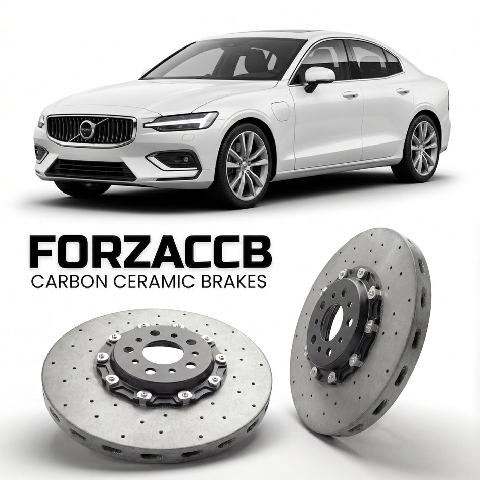 ForzaCCB direct OEM replacement carbon ceramic brake rotors for 2018 and newer Volvo S60 III models, shown with a white Volvo S60 car.