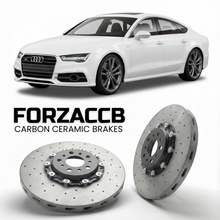 ForzaCCB direct OEM replacement carbon ceramic brake rotors for 2010 to 2018 Audi S7 4G8 models, shown with a white Audi S7 car.