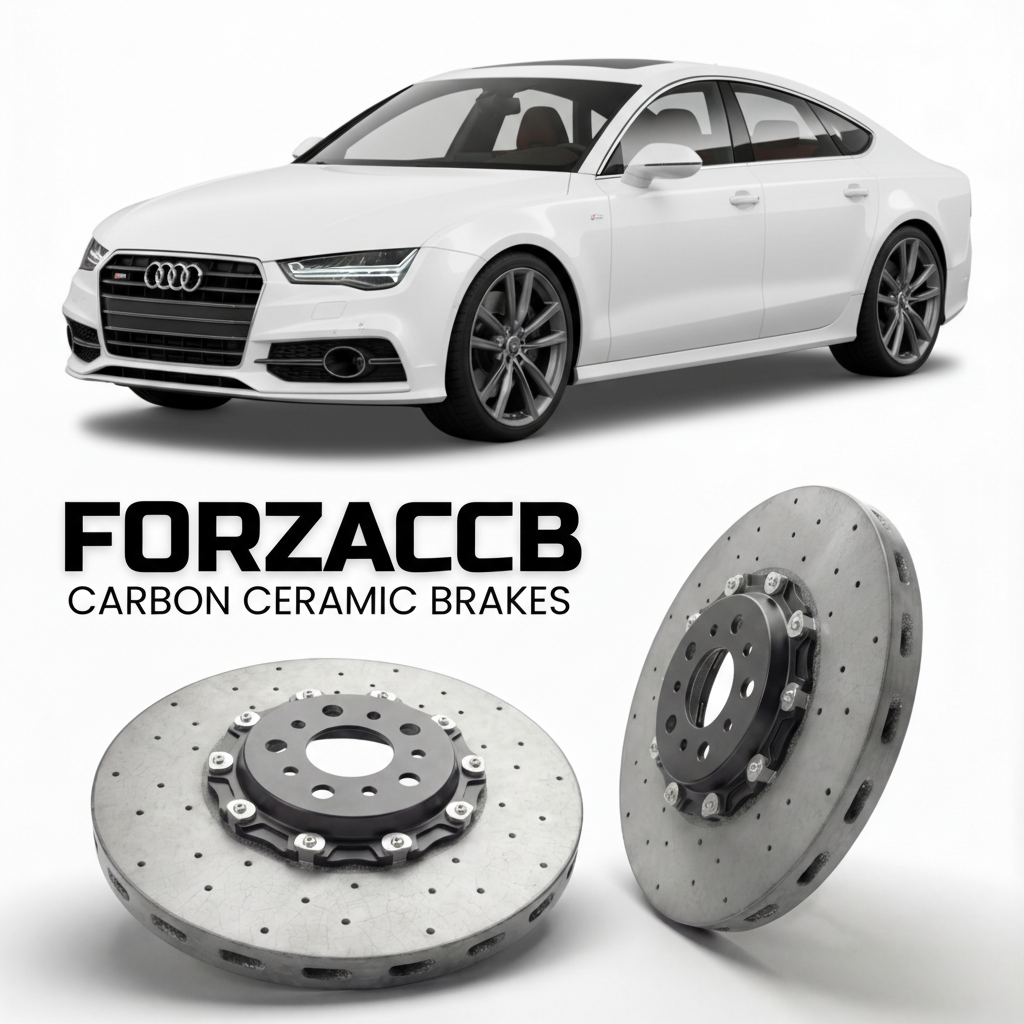 ForzaCCB direct OEM replacement carbon ceramic brake rotors for 2010 to 2018 Audi S7 4G8 models, shown with a white Audi S7 car.