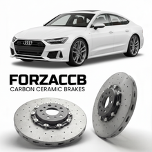 ForzaCCB direct OEM replacement carbon ceramic brake rotors for 2019 and newer Audi S7 4K8 models, shown with a white Audi S7 car.