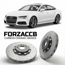 ForzaCCB direct OEM replacement carbon ceramic brake rotors for 2012 to 2018 Audi S7 Sportback C7 models, shown with a white Audi S7 Sportback car.