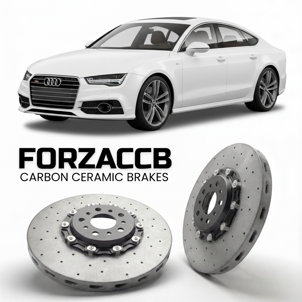 ForzaCCB direct OEM replacement carbon ceramic brake rotors for 2012 to 2018 Audi S7 Sportback C7 models, shown with a white Audi S7 Sportback car.