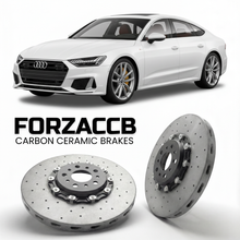 ForzaCCB direct OEM replacement carbon ceramic brake rotors for 2019 and newer Audi S7 Sportback C8 models, shown with a white Audi S7 Sportback car.