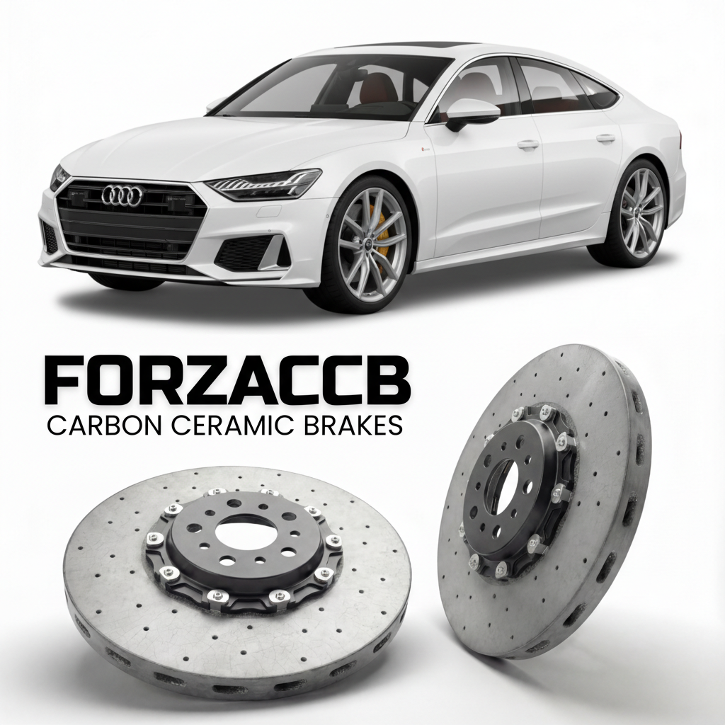 ForzaCCB direct OEM replacement carbon ceramic brake rotors for 2019 and newer Audi S7 Sportback C8 models, shown with a white Audi S7 Sportback car.