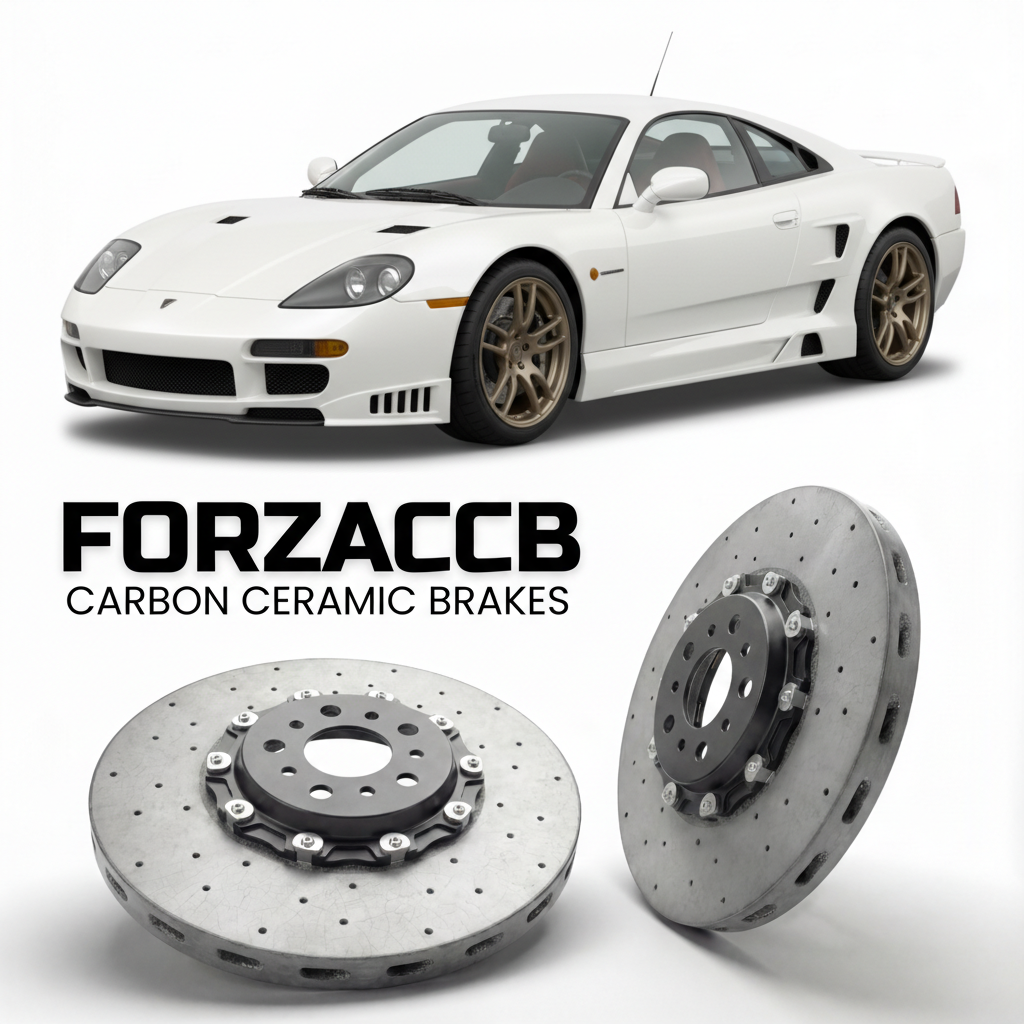 ForzaCCB direct OEM replacement carbon ceramic brake rotors for 2005 to 2009 Saleen S7 Twin Turbo models, shown with a white Saleen S7 Twin Turbo car.