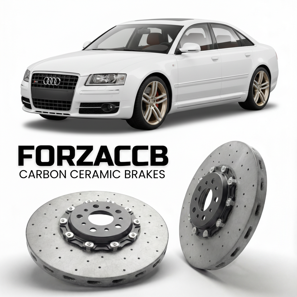 ForzaCCB direct OEM replacement carbon ceramic brake rotors for 2006 to 2010 Audi S8 D3 models, shown with a white Audi S8 car.
