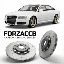 ForzaCCB direct OEM replacement carbon ceramic brake rotors for 2006 to 2010 Audi S8 D3 models, shown with a white Audi S8 car.