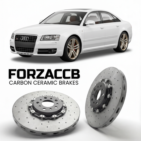 ForzaCCB direct OEM replacement carbon ceramic brake rotors for 2006 to 2010 Audi S8 D3 models, shown with a white Audi S8 car.