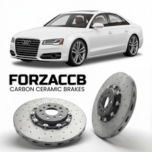ForzaCCB direct OEM replacement carbon ceramic brake rotors for 2012 to 2017 Audi S8 D4 models, shown with a white Audi S8 car.