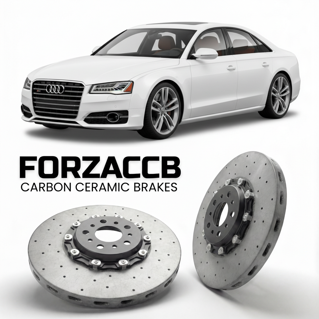 ForzaCCB direct OEM replacement carbon ceramic brake rotors for 2012 to 2017 Audi S8 D4 models, shown with a white Audi S8 car.