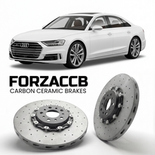 ForzaCCB direct OEM replacement carbon ceramic brake rotors for 2019 and newer Audi S8 D5 models, shown with a white Audi S8 car.