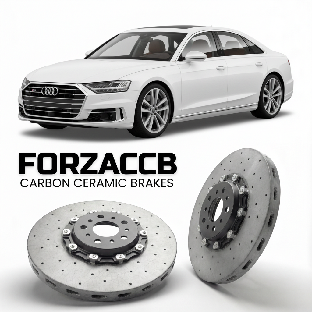 ForzaCCB direct OEM replacement carbon ceramic brake rotors for 2019 and newer Audi S8 D5 models, shown with a white Audi S8 car.