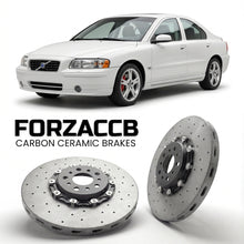 ForzaCCB direct OEM replacement carbon ceramic brake rotors for 2005 to 2006 Volvo S80 facelift 2003 models, shown with a white Volvo S80 car.