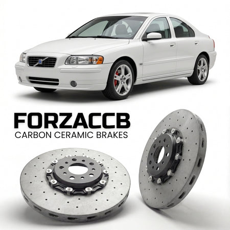 ForzaCCB direct OEM replacement carbon ceramic brake rotors for 2005 to 2006 Volvo S80 facelift 2003 models, shown with a white Volvo S80 car.