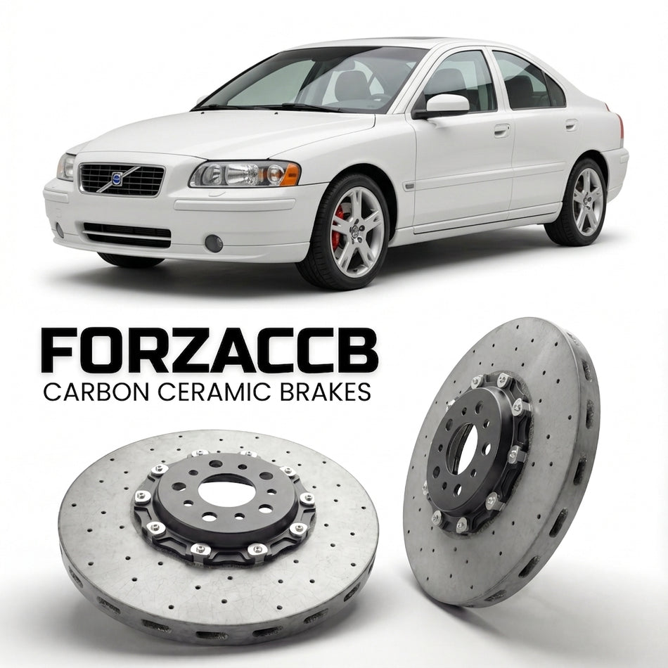 ForzaCCB direct OEM replacement carbon ceramic brake rotors for 2005 to 2006 Volvo S80 facelift 2003 models, shown with a white Volvo S80 car.
